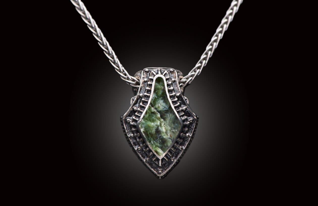 Small Sterling Silver Shield Pendant with Dino Bone Inlay