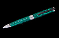Green malachite pattern pen with silver accents and a clip, angled on a black background.