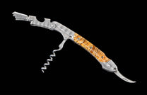 Damascus metal corkscrew with light brown burl wood handle, a serrated foil cutter, and two-step lever, angled on black.