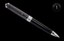 Black textured pen with silver accents and a small blue gemstone, angled.