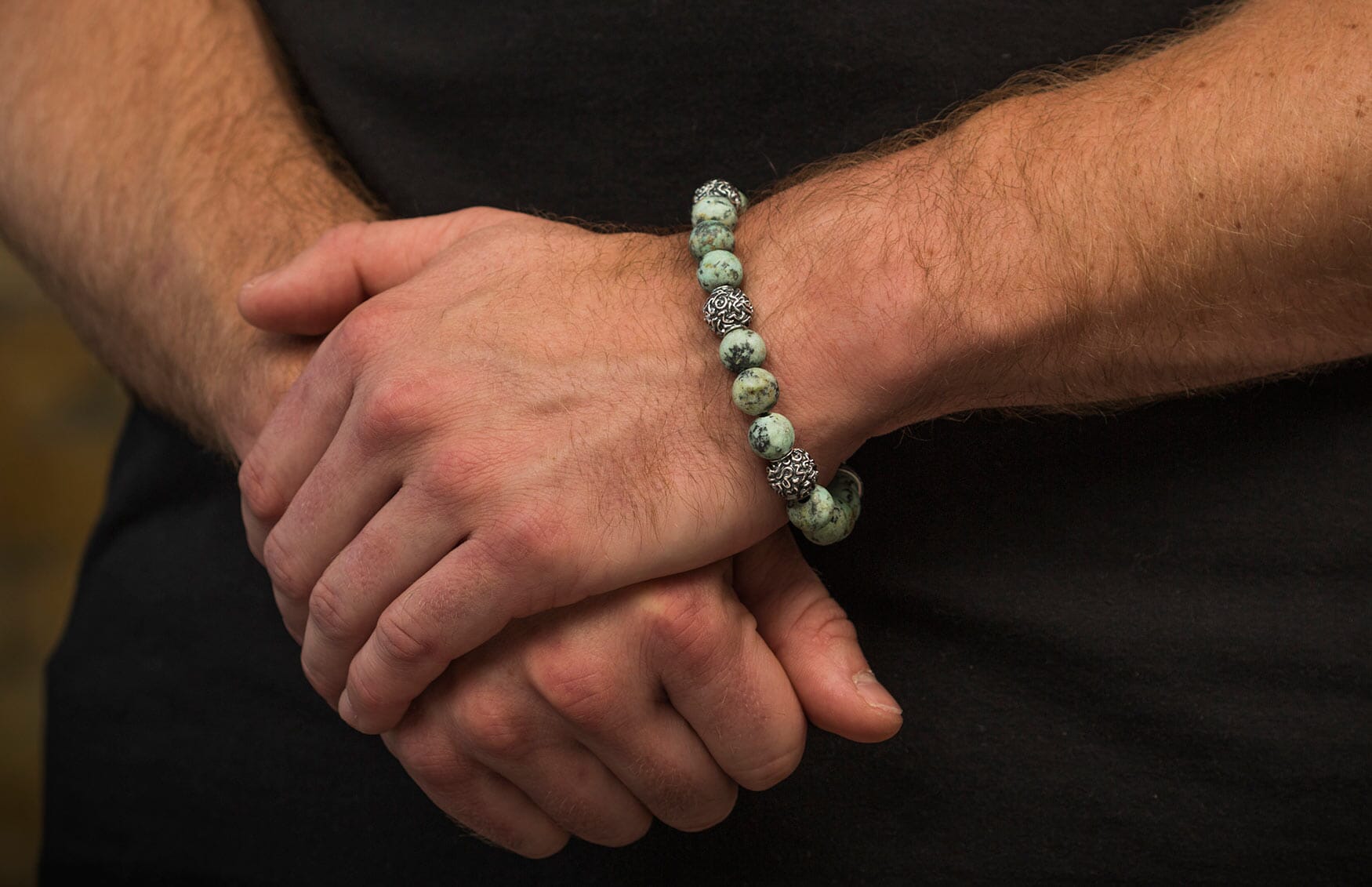 Verdigris Men's Beaded Bracelet with Sculpted Brain Coral
