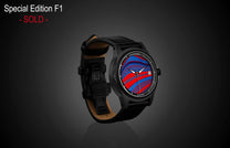 Special Edition Fordite watch by William Henry with vibrant red and blue marbled dial, black case, leather strap, side view