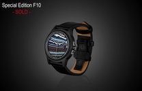 Special Edition Fordite watch by William Henry with multicolored marbled dial, black case, and leather strap, side view