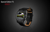 Special Edition Fordite watch by William Henry with multicolored striped dial, black case, and leather strap, side view on dark background