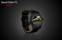Special Edition Fordite watch by William Henry with vibrant striped dial, black matte case, and leather strap, side view on dark background