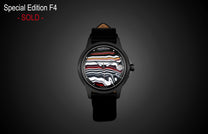Fordite dial automatic watch by William Henry with black case and leather strap, featuring vibrant striped pattern and date window, front view
