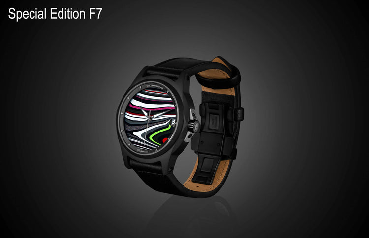 Special Edition Fordite watch by William Henry with multicolor striped dial, black case, and leather strap, side view on dark background