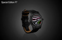Special Edition Fordite watch by William Henry with multicolor striped dial, black case, and leather strap, side view on dark background