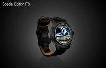 Special Edition Fordite watch by William Henry with blue, white, and yellow marbled dial, black case, and leather strap, side view
