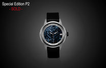 Pietersite dial automatic watch by William Henry with silver wave-pattern case and black leather strap, front view