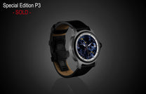 Pietersite dial automatic watch by William Henry with gray patterned case and black leather strap, side view