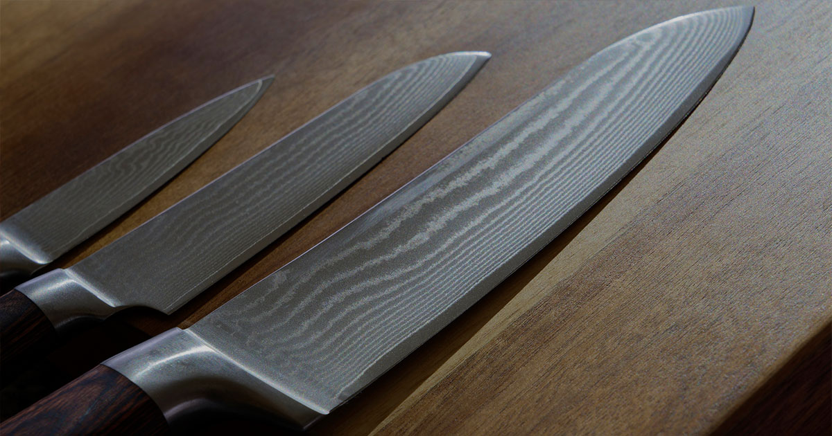 3 different sized carbon kitchen knives